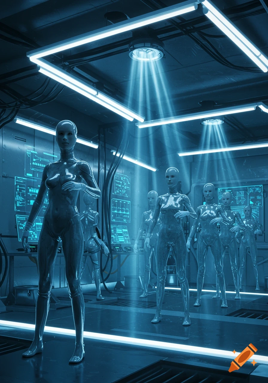 Futuristic scene of female-like robots in translucent suits standing in a lab with glowing blue lights and data screens.
