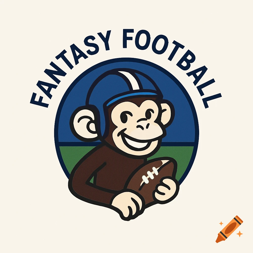 A cartoon logo of a smiling monkey wearing a blue football helmet, holding a football, with "FANTASY FOOTBALL" text above.