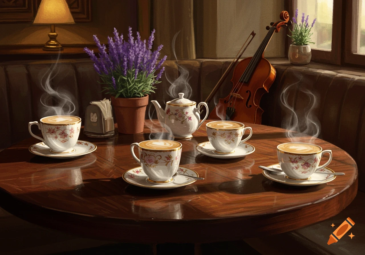 Painting of a cozy cafe table with four steaming coffee cups, a teapot, a lavender plant, and a violin.