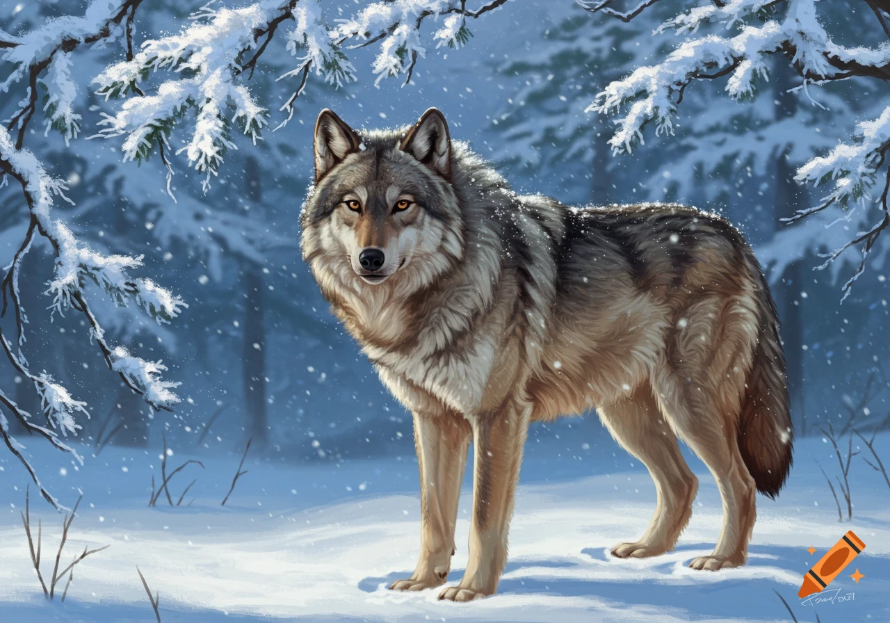 A majestic wolf with gray and brown fur stands attentively in a snowy forest as snow falls around it, under snow-laden branches.
