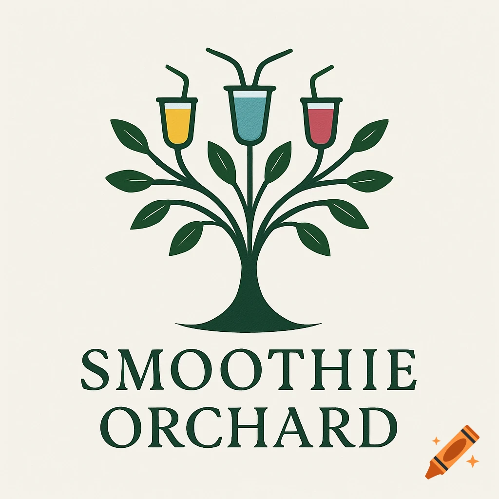Minimalist logo for Smoothie Orchard: a green tree with three colorful smoothies with straws growing as fruit. Dark green text 'SMOOTHIE ORCHARD'.