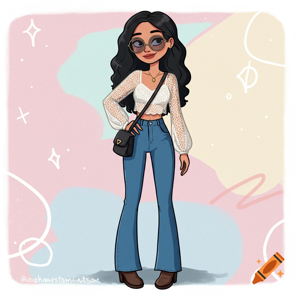 A cartoon illustration of a stylish young woman with long wavy black hair, wearing a white crochet top, blue flared jeans, brown boots, round sunglasses, and a black crossbody purse, standing with one hand on her hip.