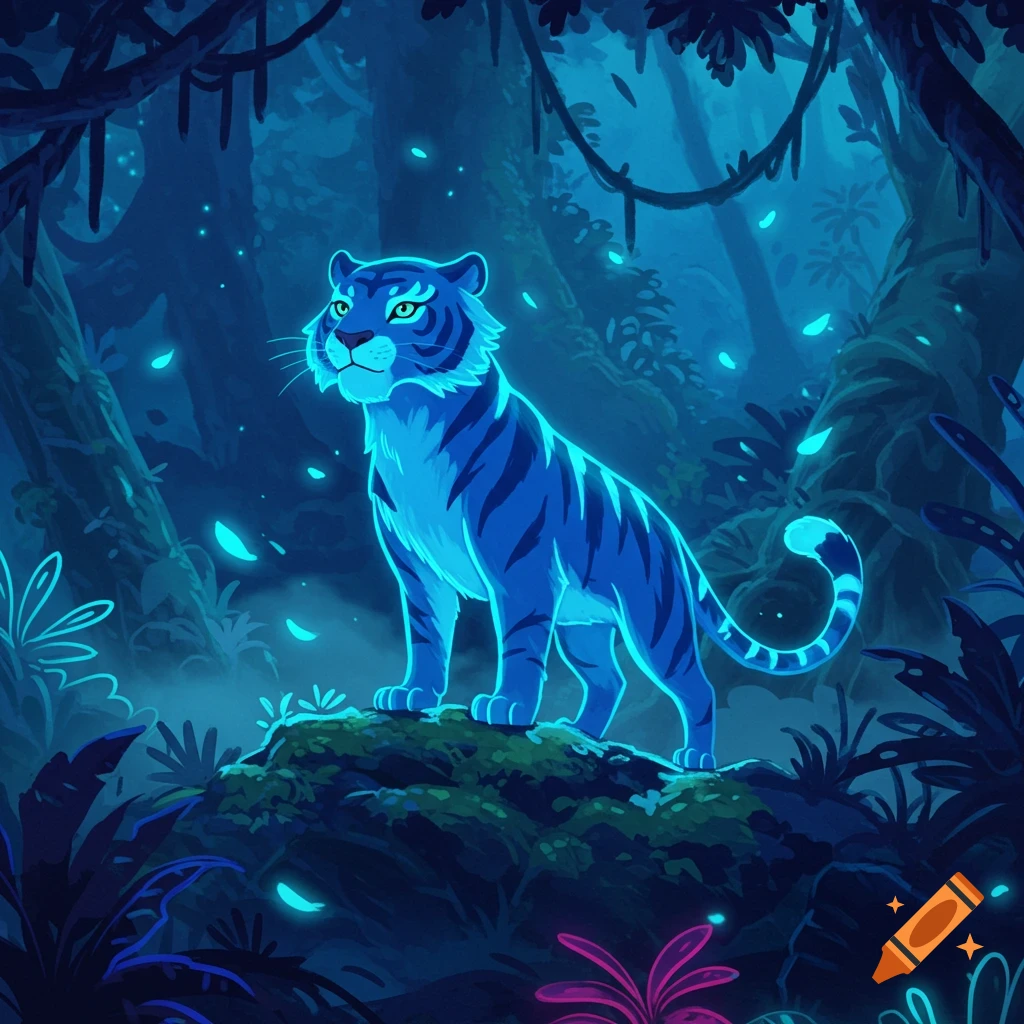 A stylized blue glowing tiger with green eyes stands on a mossy rock in a dark, magical jungle with glowing blue leaves.