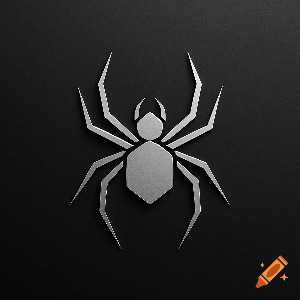 A sleek silver geometric spider logo on a dark textured background.