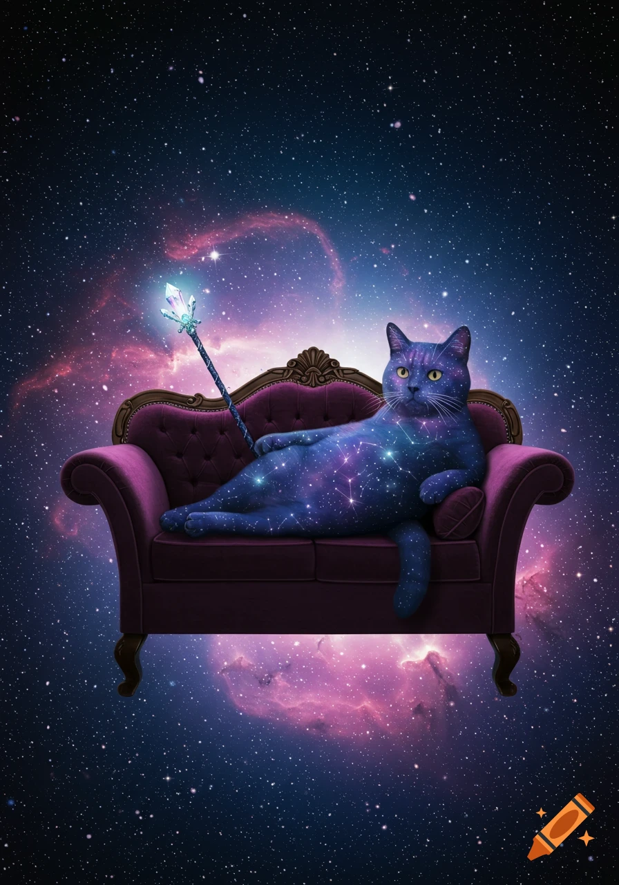 A cosmic cat patterned with stars reclines on a purple couch in space, holding a glowing crystal wand.