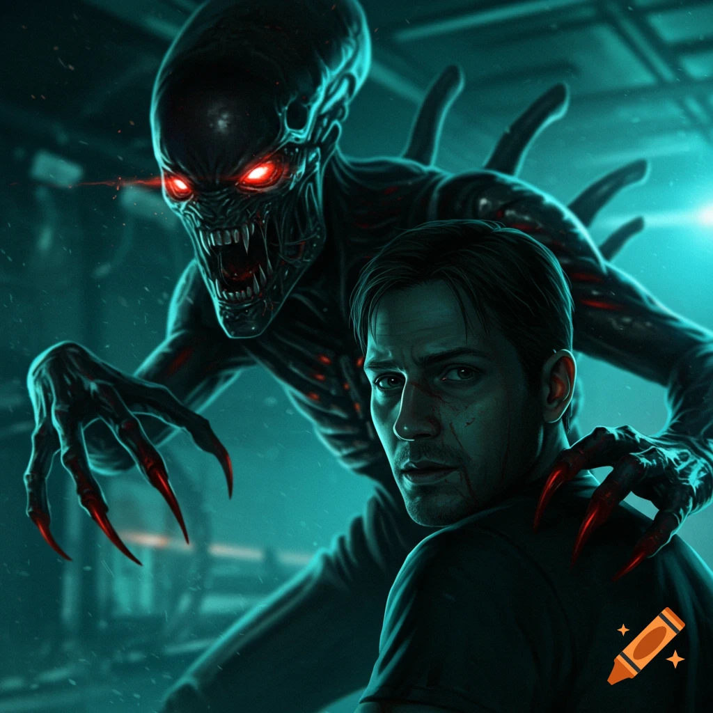 A terrified man looks back at a monstrous alien with red eyes and sharp claws looming behind him in a dark, teal sci-fi scene.