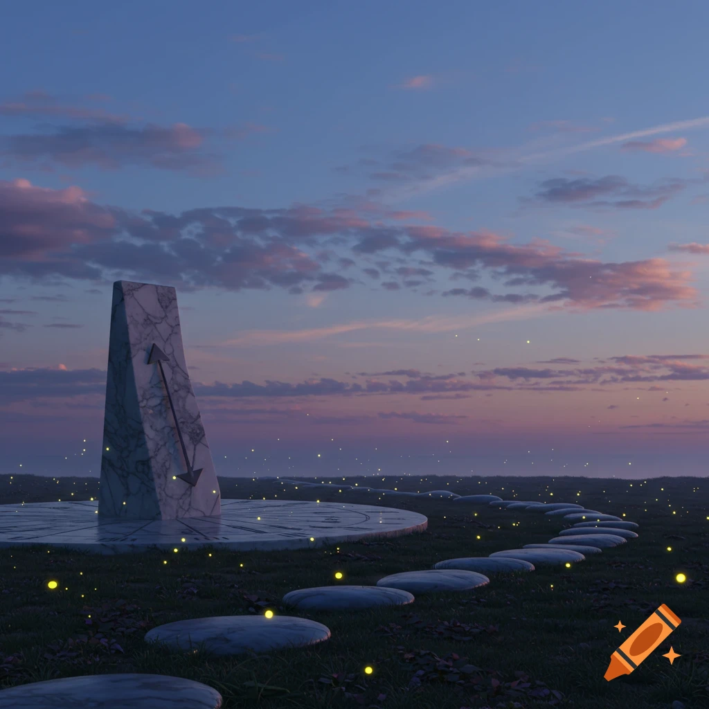 A large marble sundial and stepping stones in a grassy field, with glowing specks under a twilight sky.