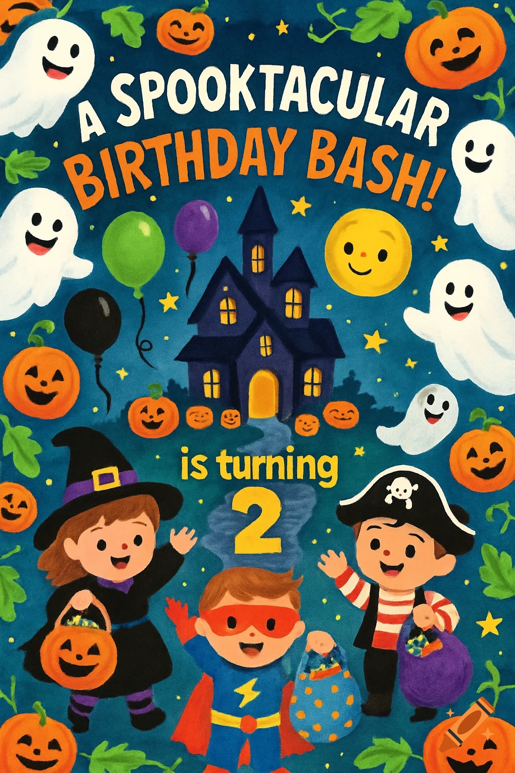 Vibrant Halloween birthday invitation with cartoon ghosts, pumpkins, a haunted house, and kids in costumes, announcing 'is turning 2'.