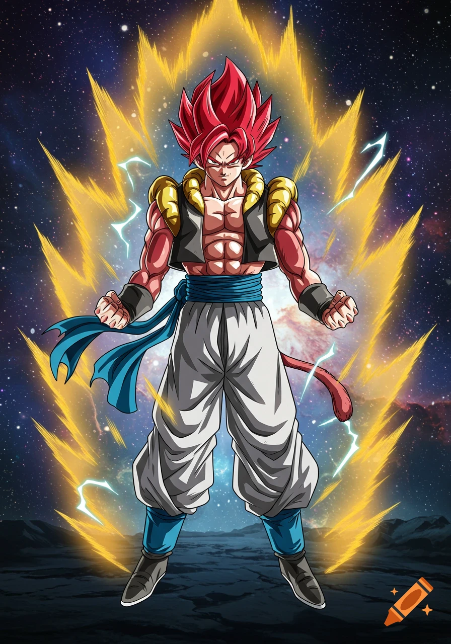 Anime illustration of Gogeta with red spiky hair and golden aura, standing powerfully against a cosmic starry background.