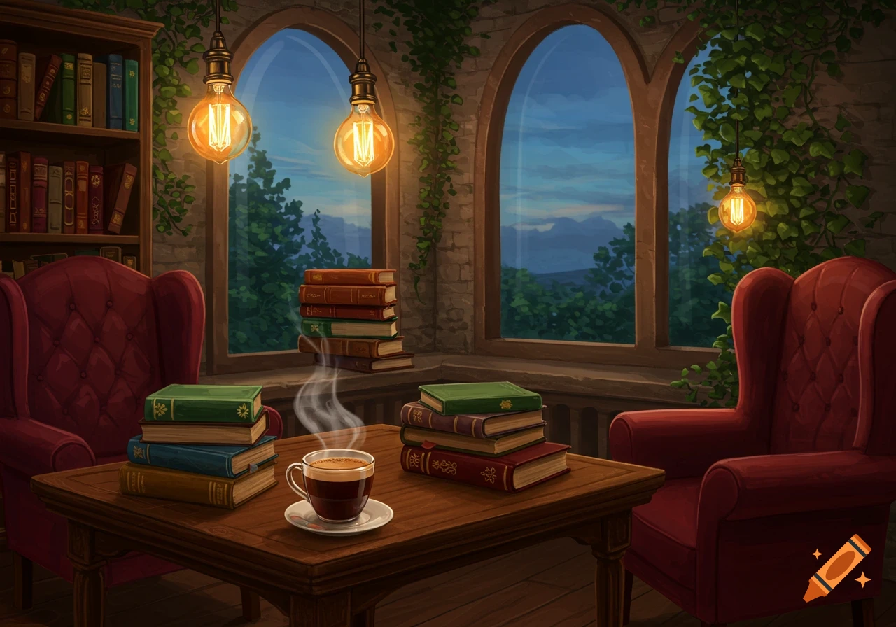 Cozy library room with red armchairs, wooden table, stacked books, steaming coffee cup, and arched windows looking out to a green landscape at dusk.