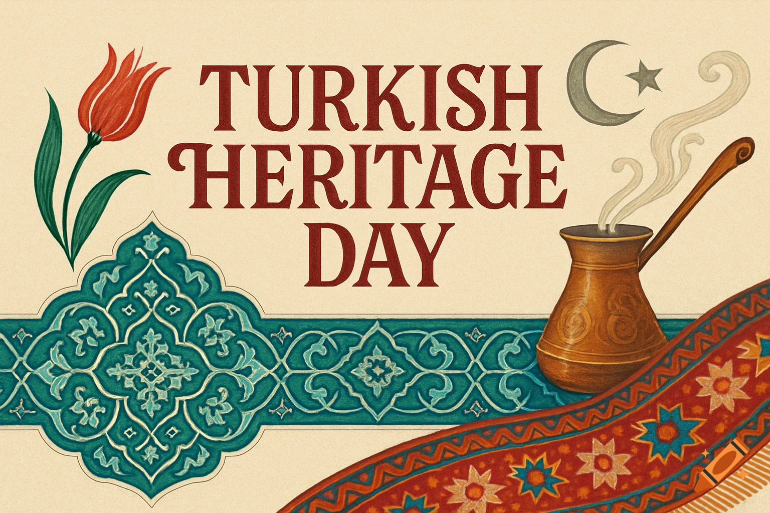 Illustrated 'Turkish Heritage Day' design with a red tulip, crescent and star, a steaming Turkish coffee pot, and ornate patterns.