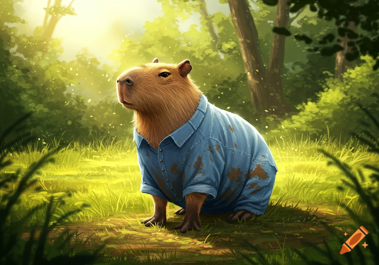 A capybara in a blue, stained shirt sits in a lush, sunlit forest clearing.