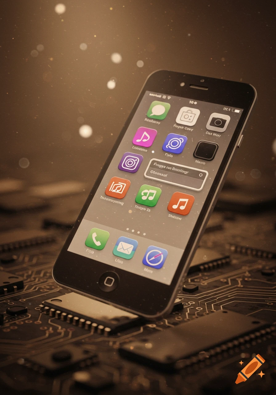 A sepia-toned image of an old smartphone with colorful app icons floating above a circuit board, with bokeh light effects.