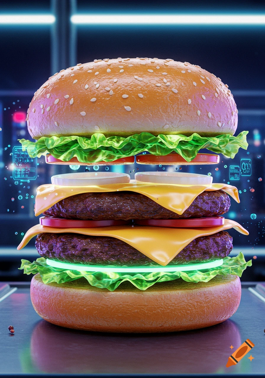 A photorealistic, futuristic double cheeseburger with glowing green lettuce, cheese, and holographic elements in a neon sci-fi setting.