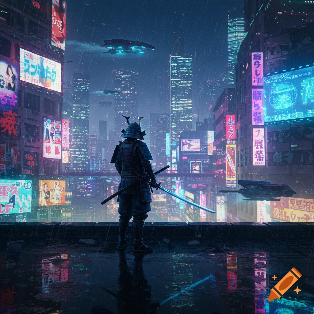 A samurai in armor stands on a rainy cyberpunk rooftop, gazing at a neon-lit futuristic Tokyo skyline with flying vehicles.