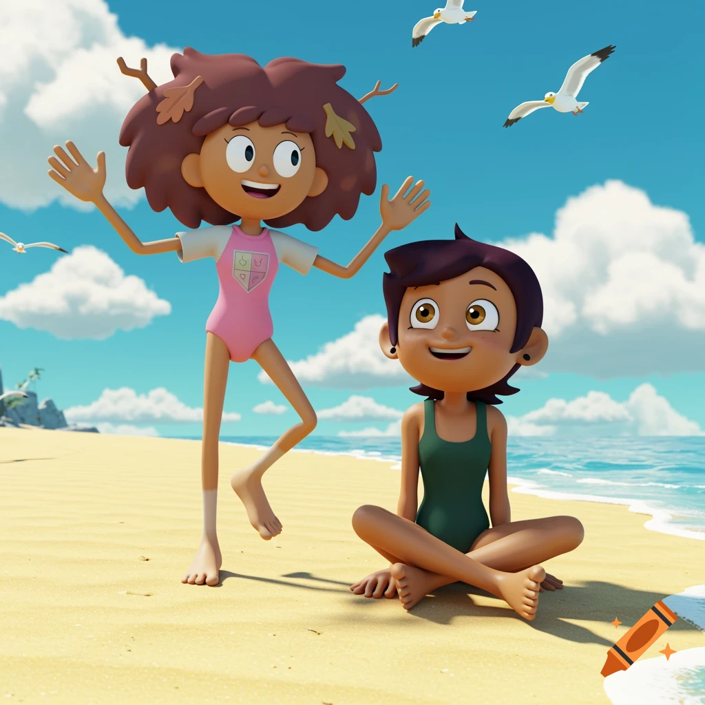 Anne Boonchuy in a pink swimsuit and Luz Noceda in a dark green swimsuit stand and sit on a sunny beach.