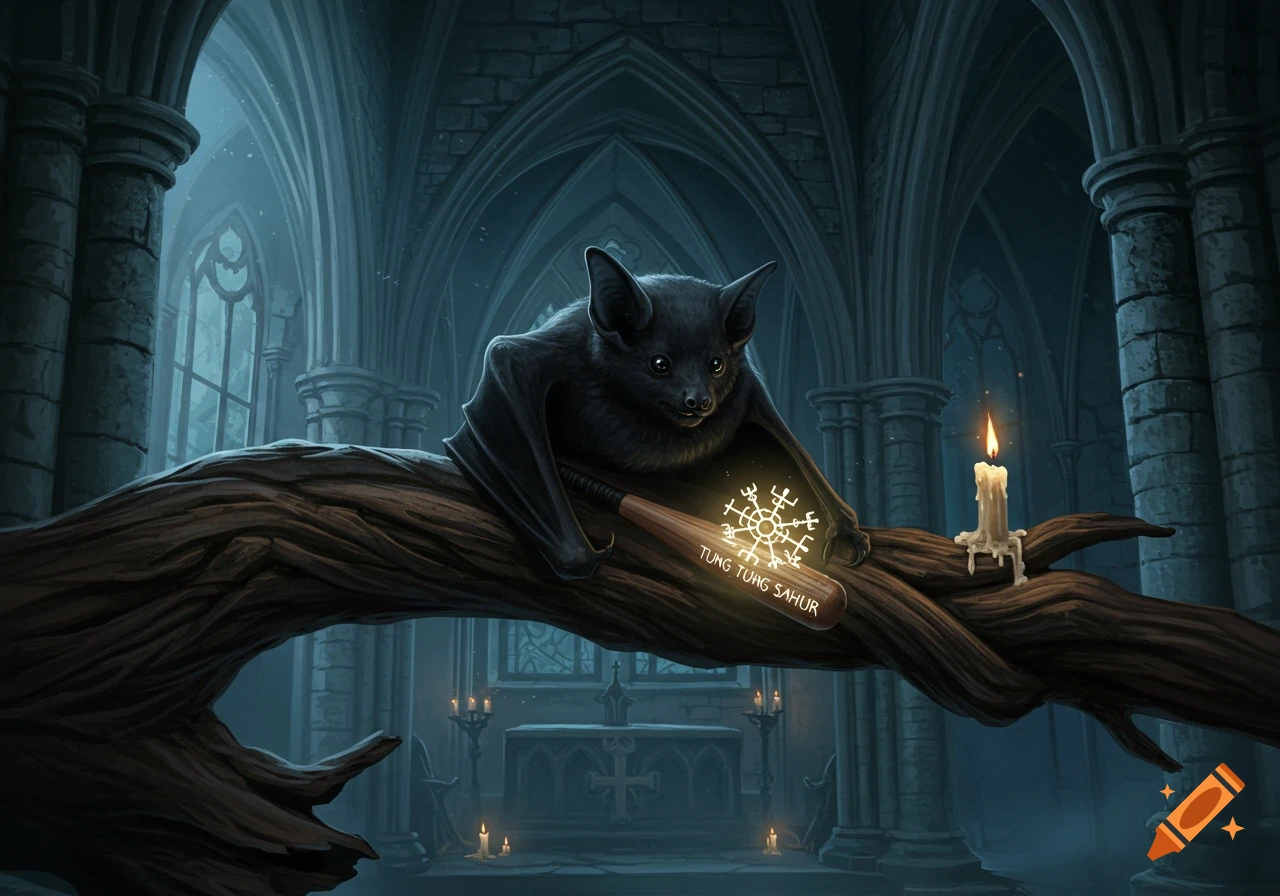Black bat holds a baseball bat with 'TUNG TUNG SAHUR' and glowing symbol, on branch in dark gothic cathedral.