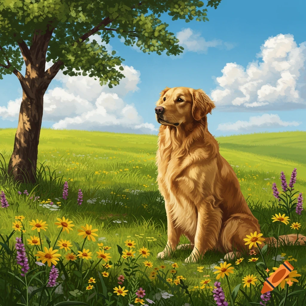 A golden retriever sits in a field of yellow and purple wildflowers ...