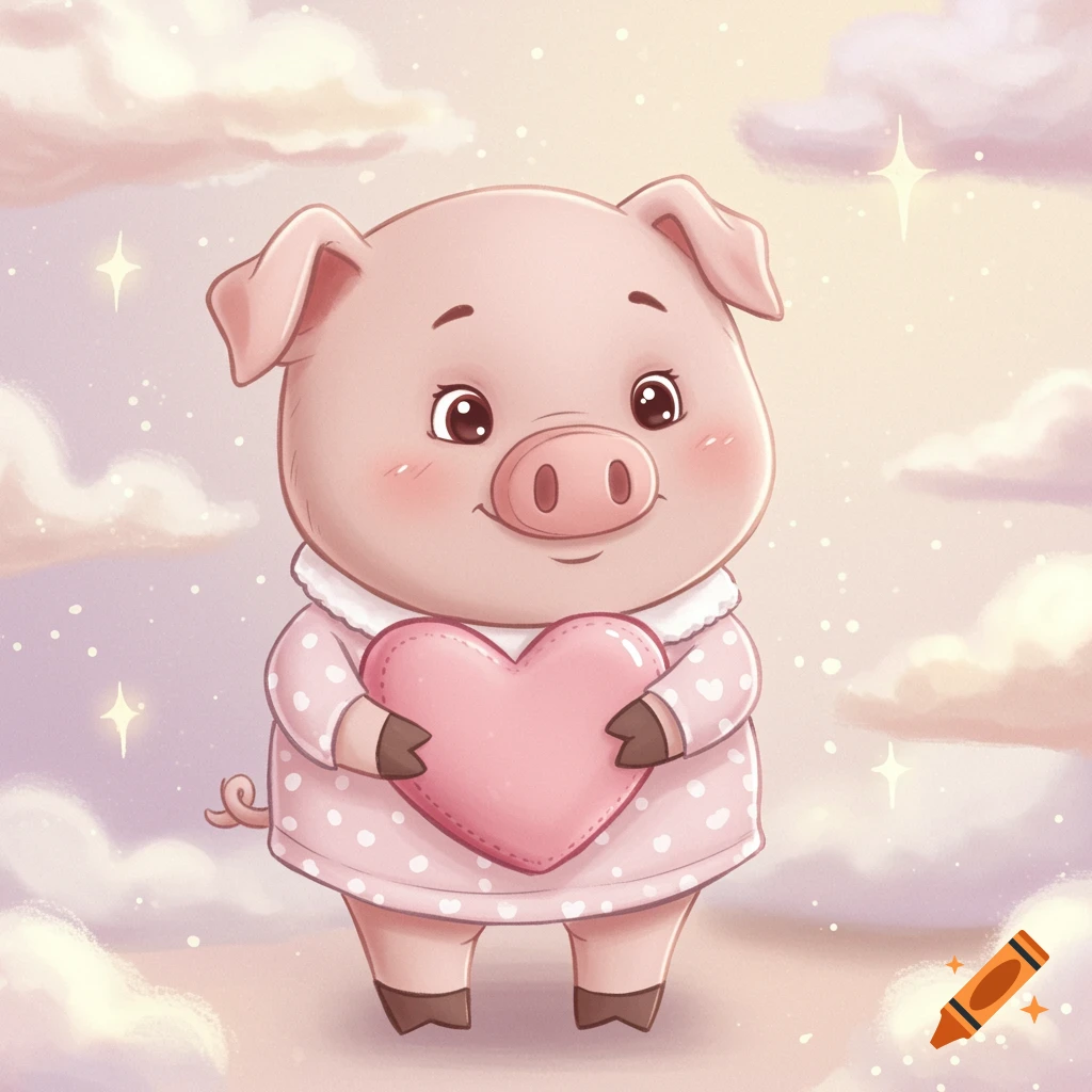 Cute cartoon baby pig in a polka dot dress holding a pink heart, standing among pastel clouds and sparkling stars.
