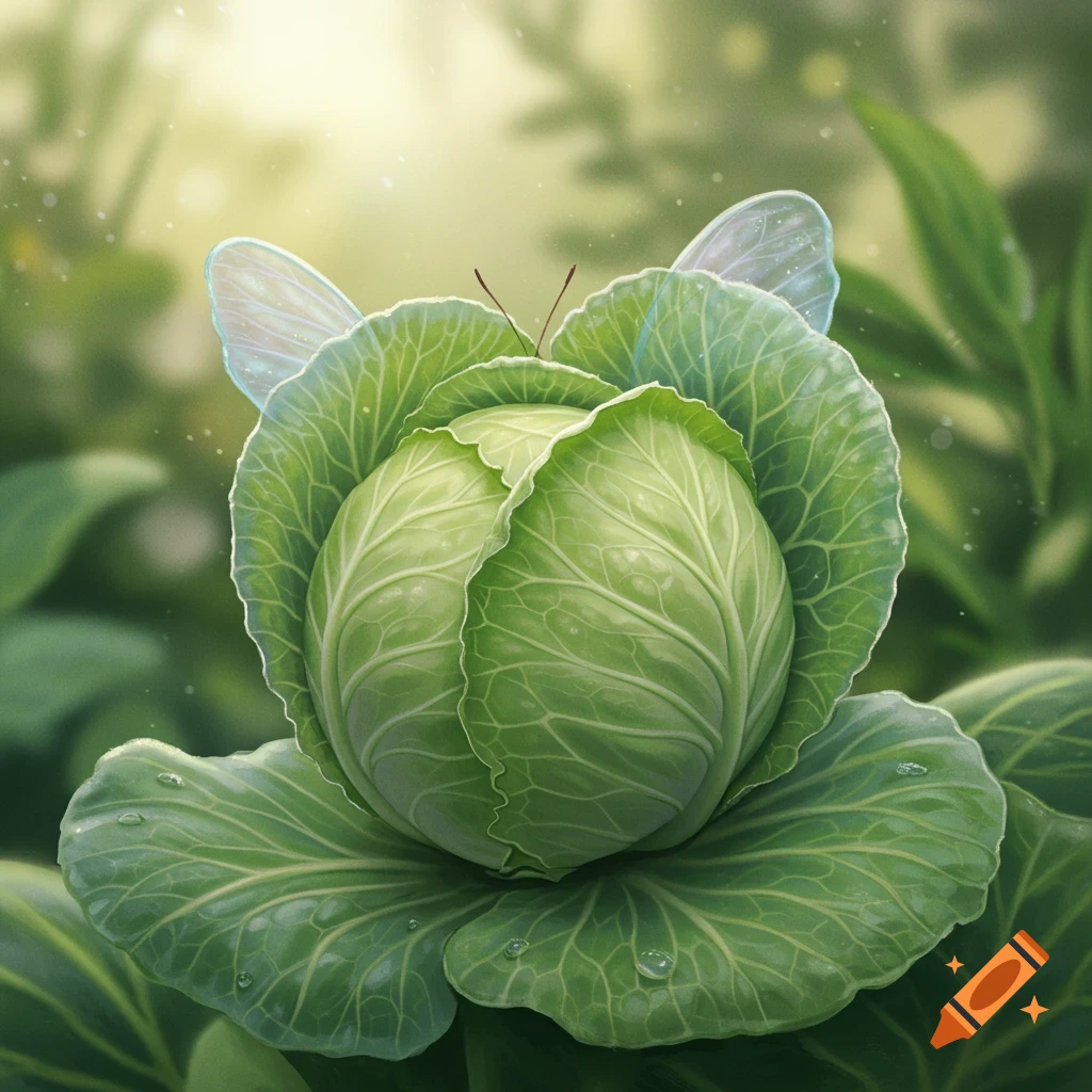A vibrant green cabbage with translucent butterfly wings and antennae, glowing in a sunlit garden.