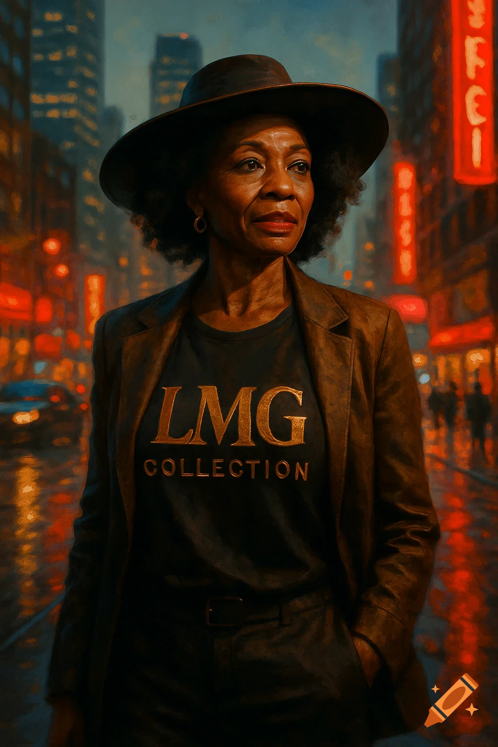 A woman in a hat and blazer over an "LMG COLLECTION" t-shirt stands in a rainy city street at night, illuminated by neon lights.