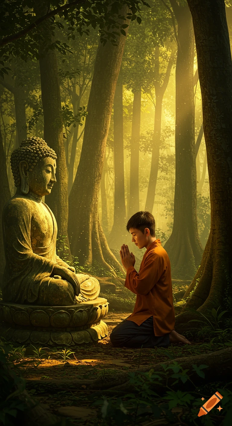 A realistic young Vietnamese man kneels praying before a Buddha statue in a quiet, sunlit forest.