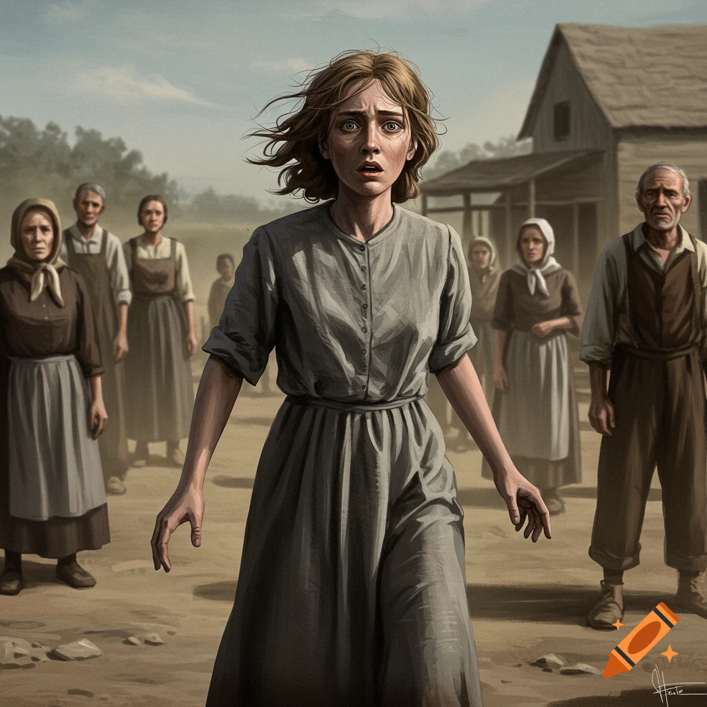A distressed woman in a grey dress with windblown hair stands on a dirt road, looking fearful. Other villagers and a wooden house are in the background. Illustration.