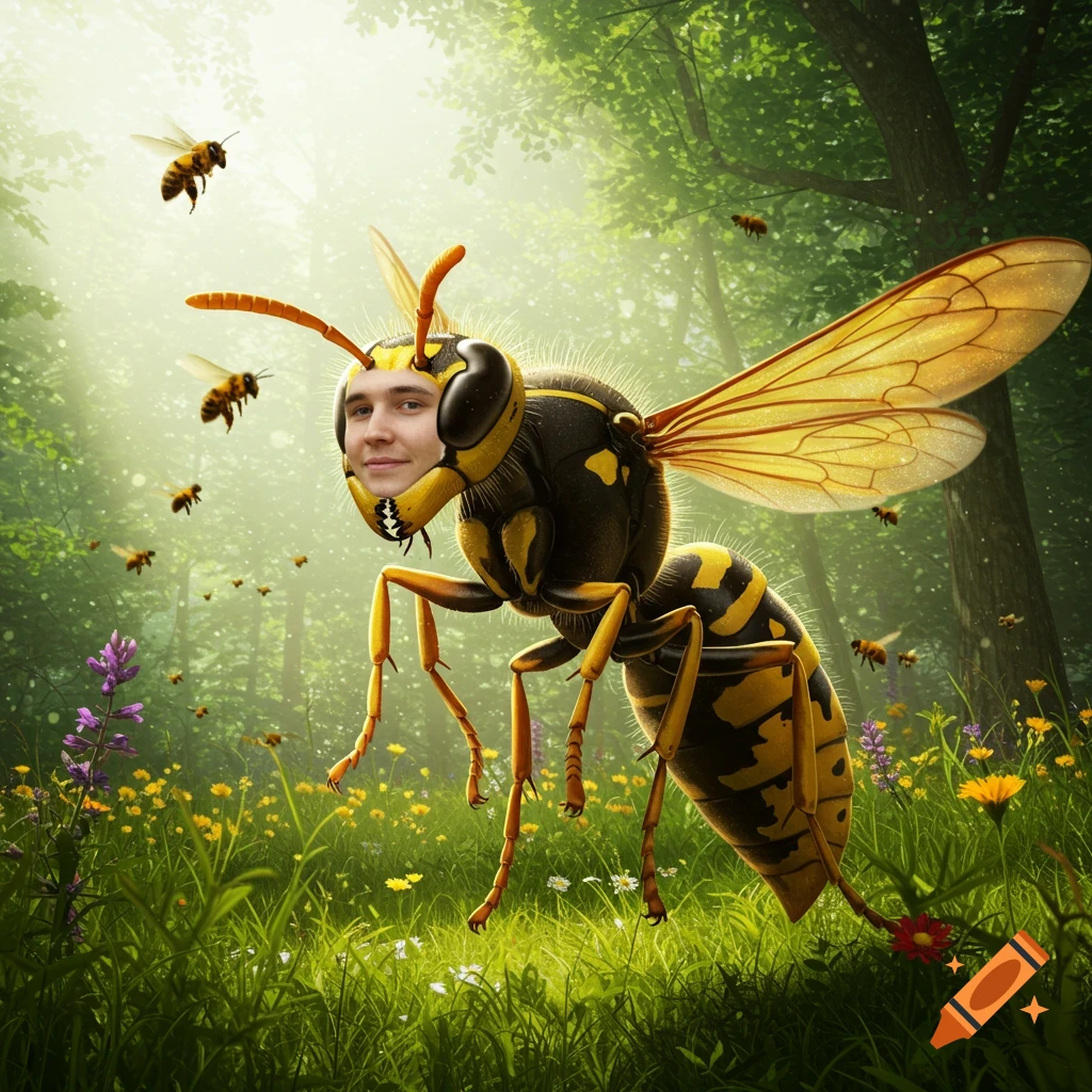 A large wasp with a man's face for a head, flying in a sun-dappled forest with wildflowers and other bees.