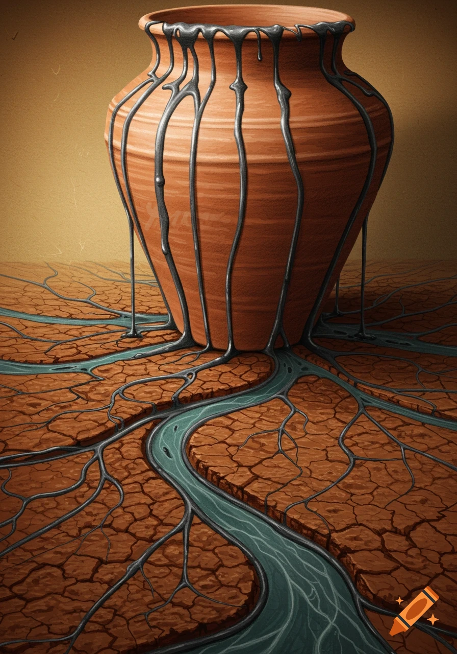 A surreal illustration of a clay pot with dark liquid dripping down, forming rivers and root-like cracks on dry, cracked earth.