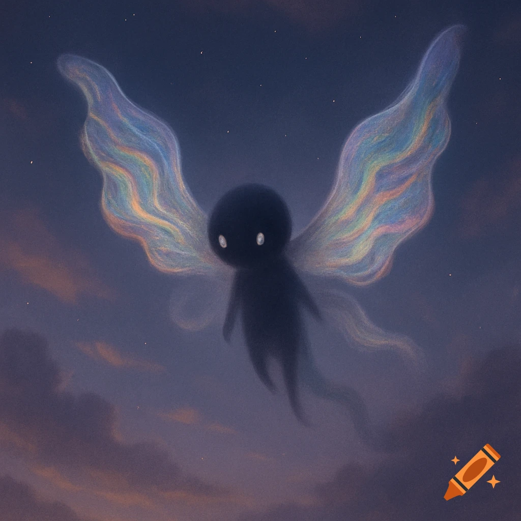 A dark, ethereal creature with glowing, iridescent wings flies through a starry twilight sky with clouds below.
