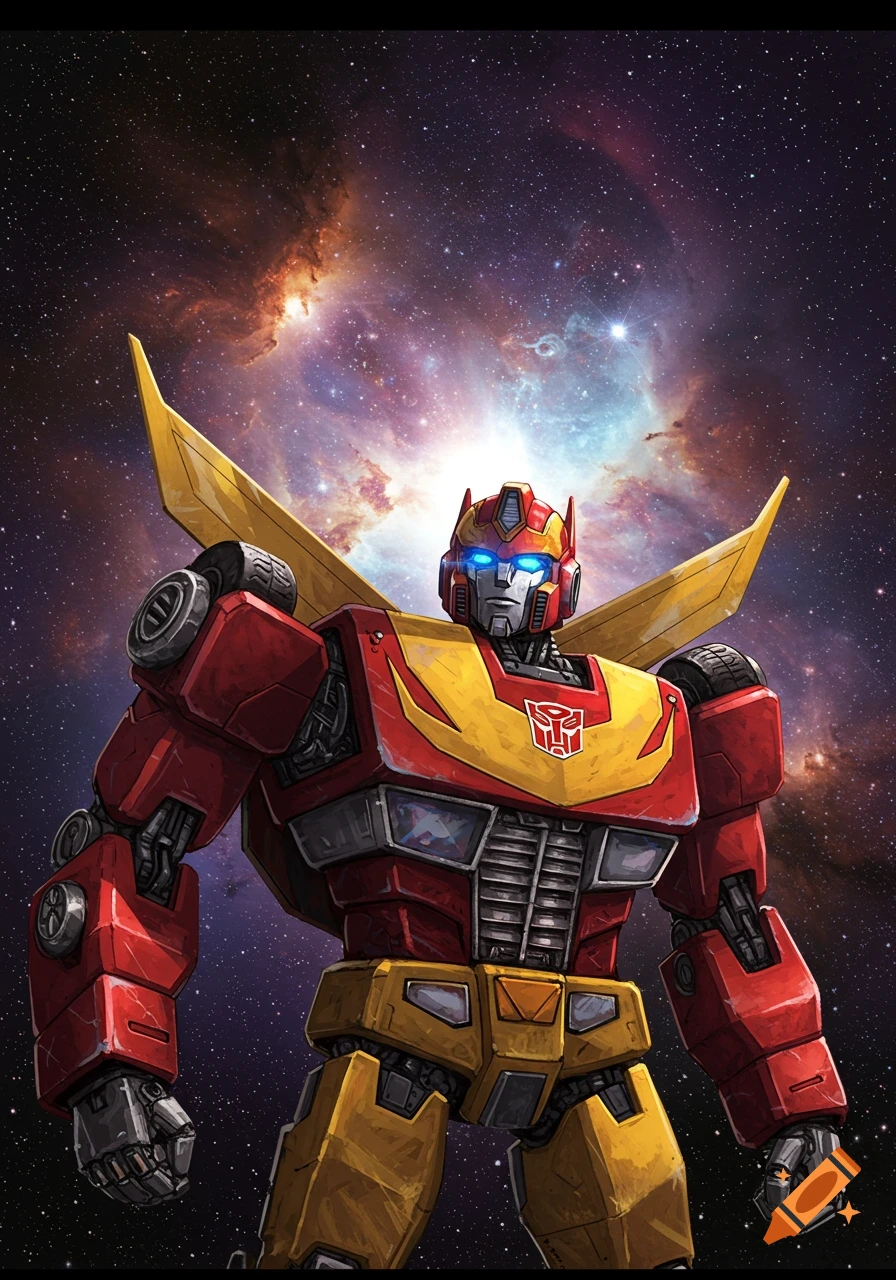 Rodimus Prime, a red and yellow robot, stands in space against a colorful nebula.