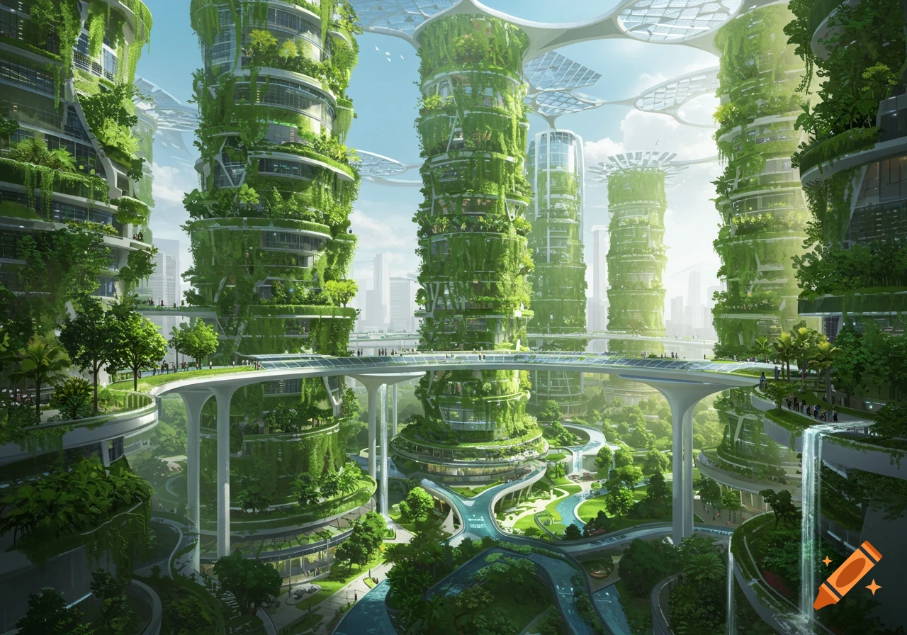 A vibrant, futuristic city with green vertical gardens on skyscrapers, interconnected by bridges over lush parks and rivers.