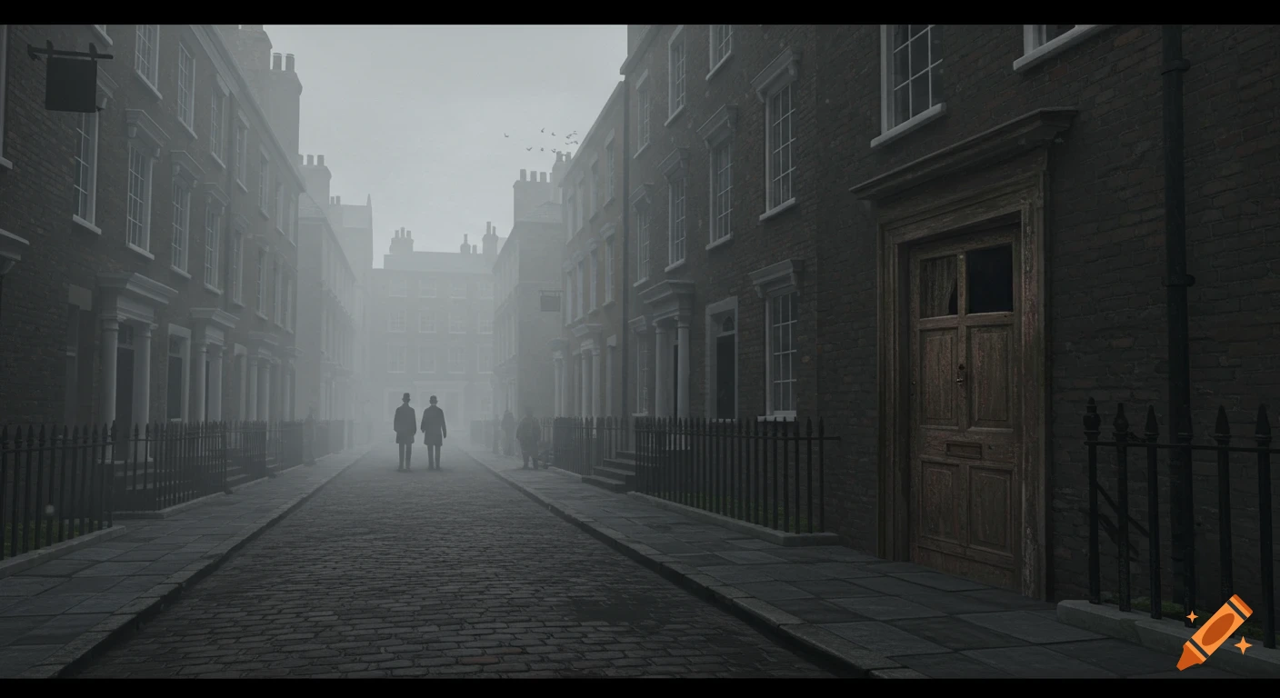 A foggy Victorian London street with brick townhouses and two shadowy figures walking away from a weathered wooden door.