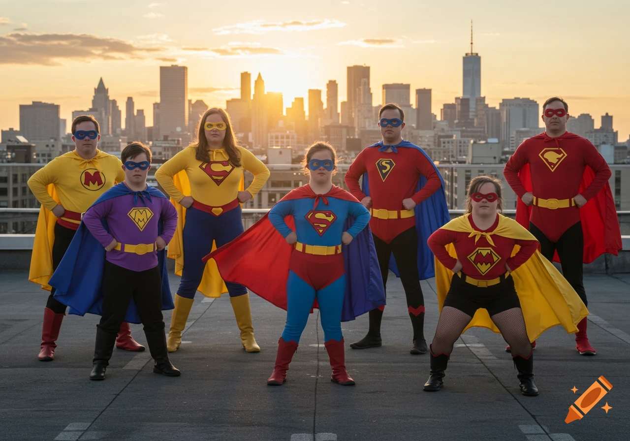 A group of people dressed as superheroes, some with Down syndrome, pose on a city rooftop at sunset.