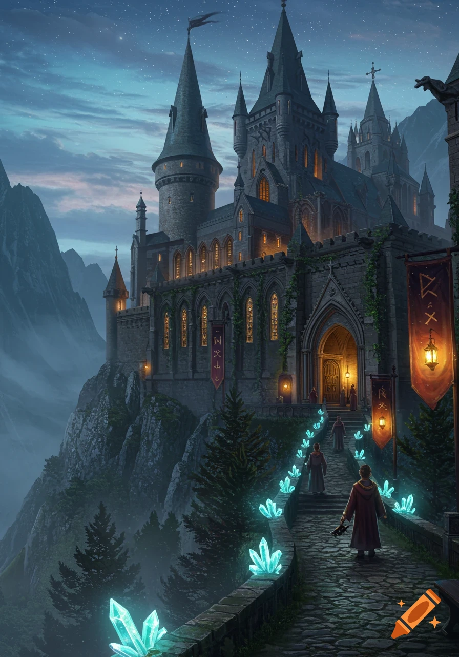 Majestic fantasy castle on a cliff, lit by glowing crystals, with cloaked figures on a stone path at twilight.