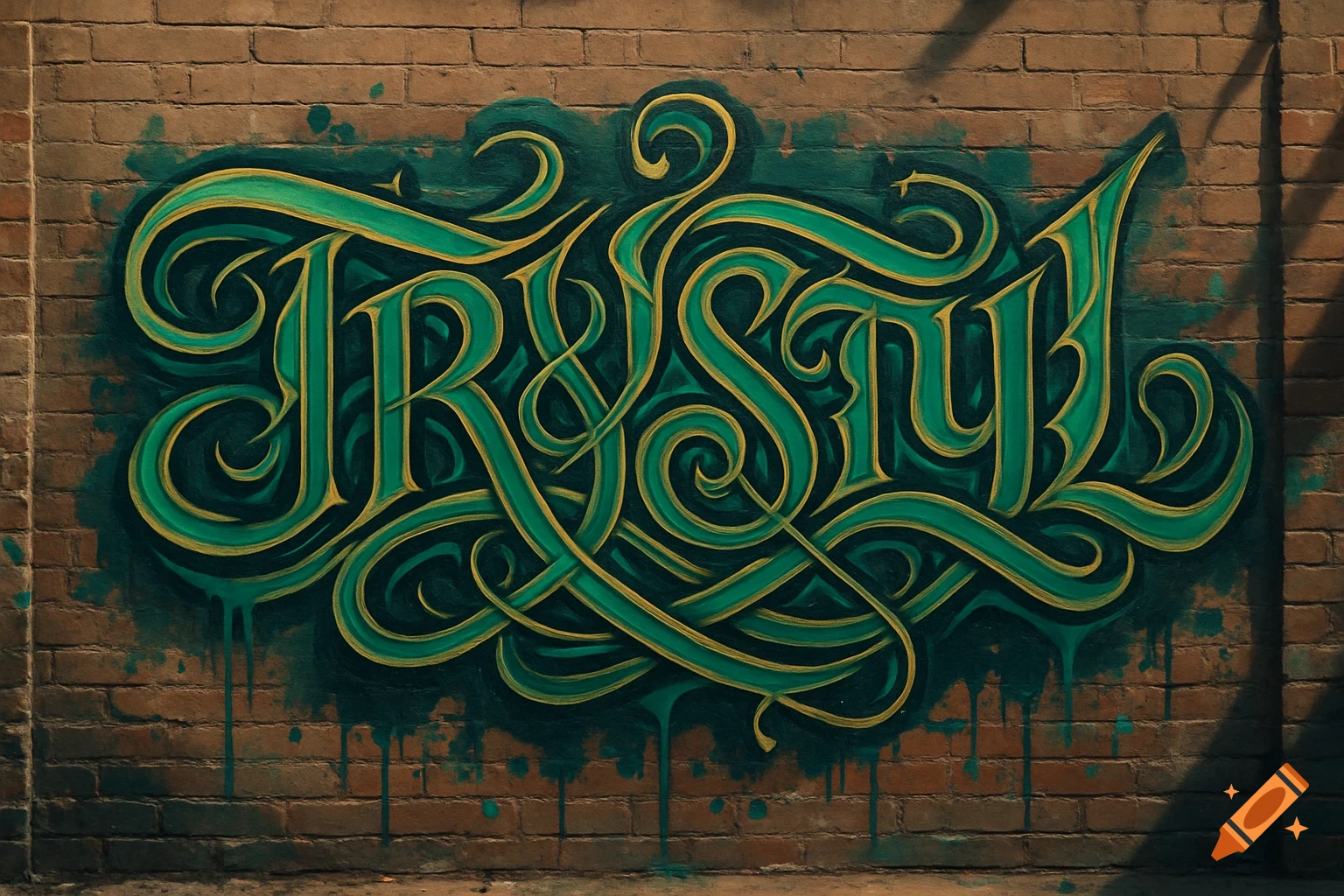 Emerald green and gold Celtic knotted graffiti spelling 'TRYSTYL' on a brick wall with paint drips.