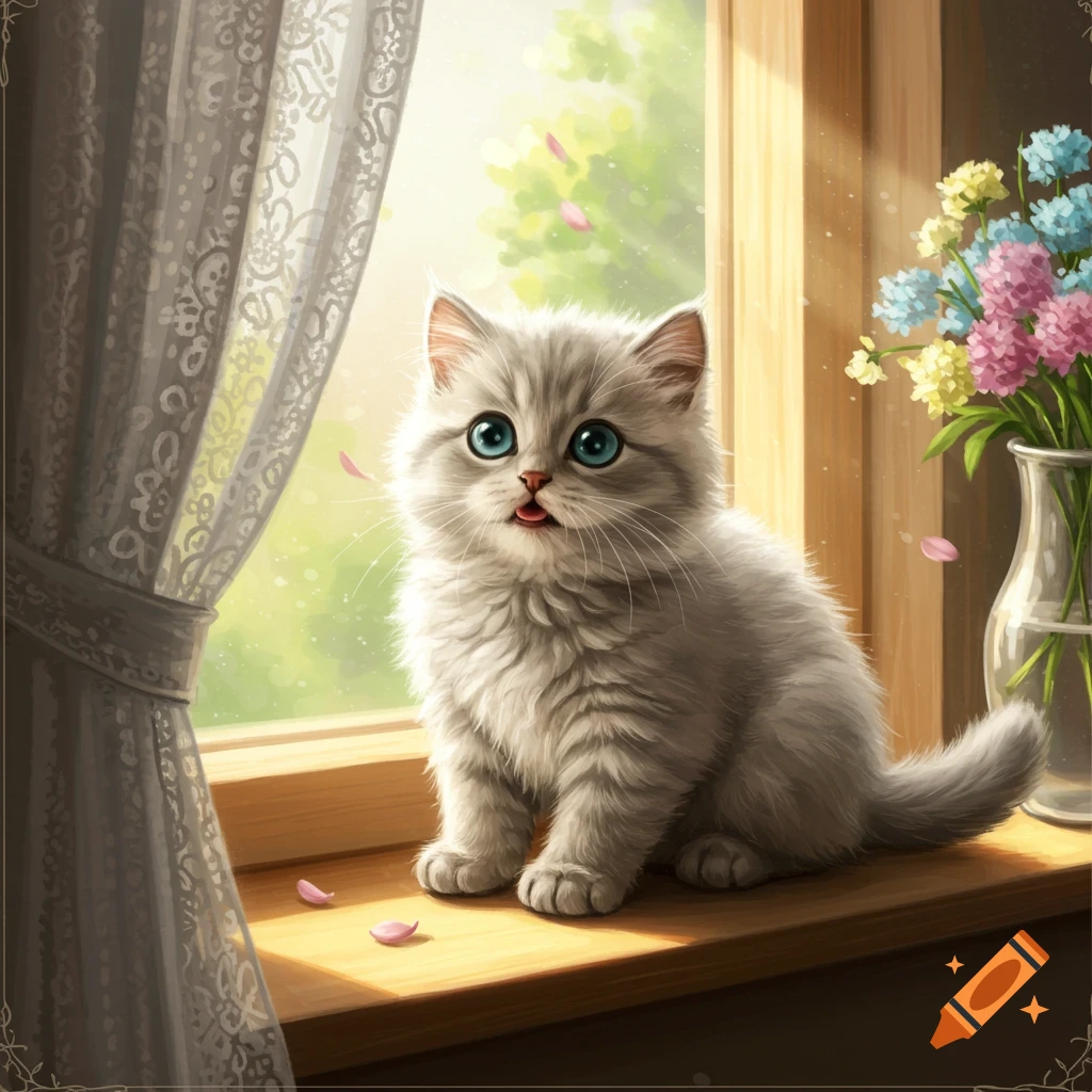 A fluffy grey kitten with wide blue eyes sits on a sunlit wooden windowsill next to a lace curtain and a vase of flowers.