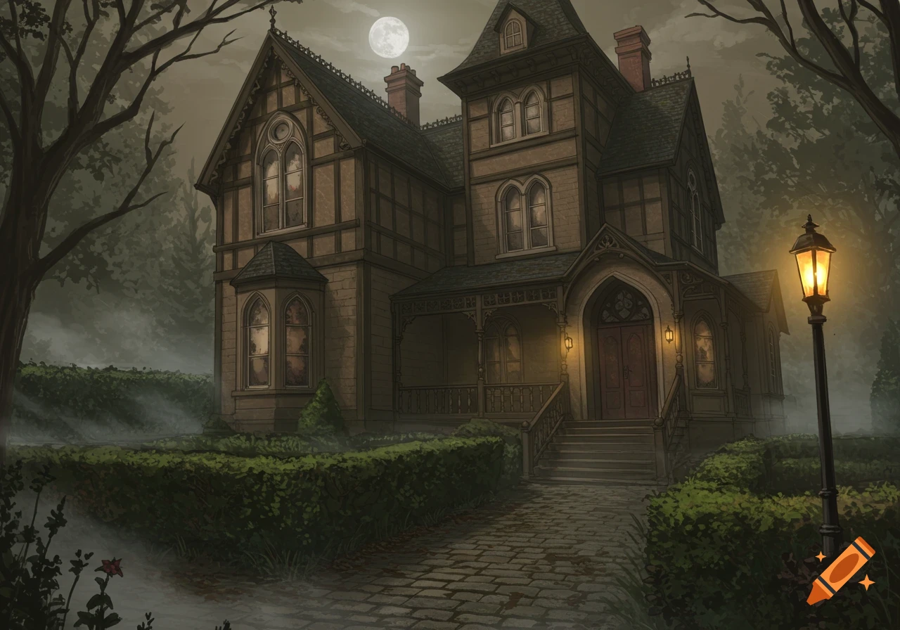 A dark, gothic mansion sits under a full moon with fog around a lamp post and overgrown hedges at night.