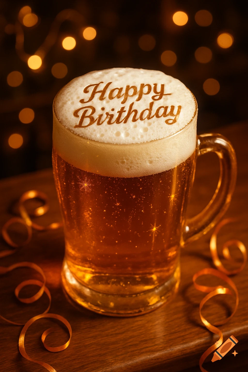 A close-up of a beer mug with 'Happy Birthday' written in the foam, surrounded by golden ribbons and bokeh lights.