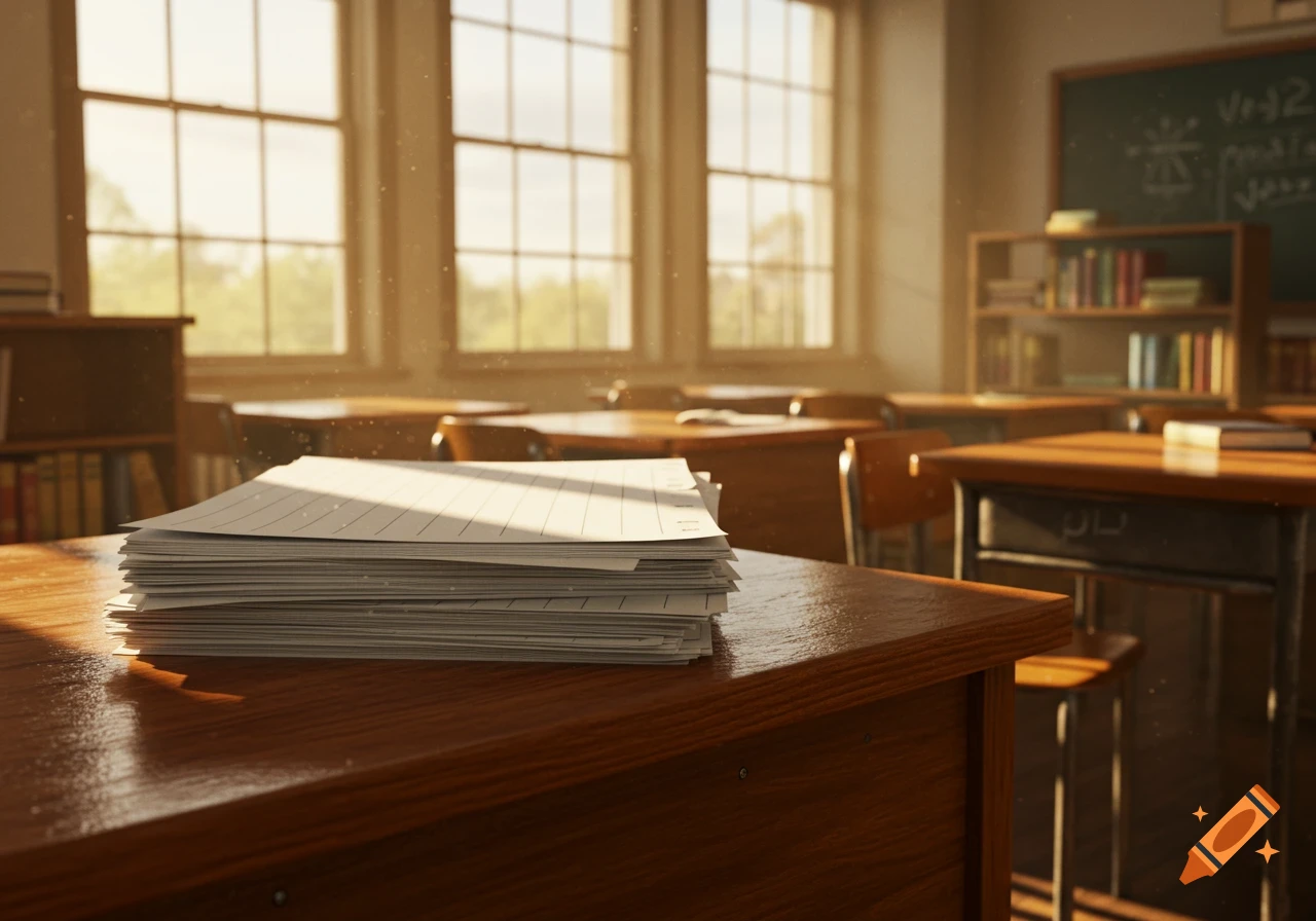 A stack of lined papers on a wooden desk in a sunlit, empty classroom.