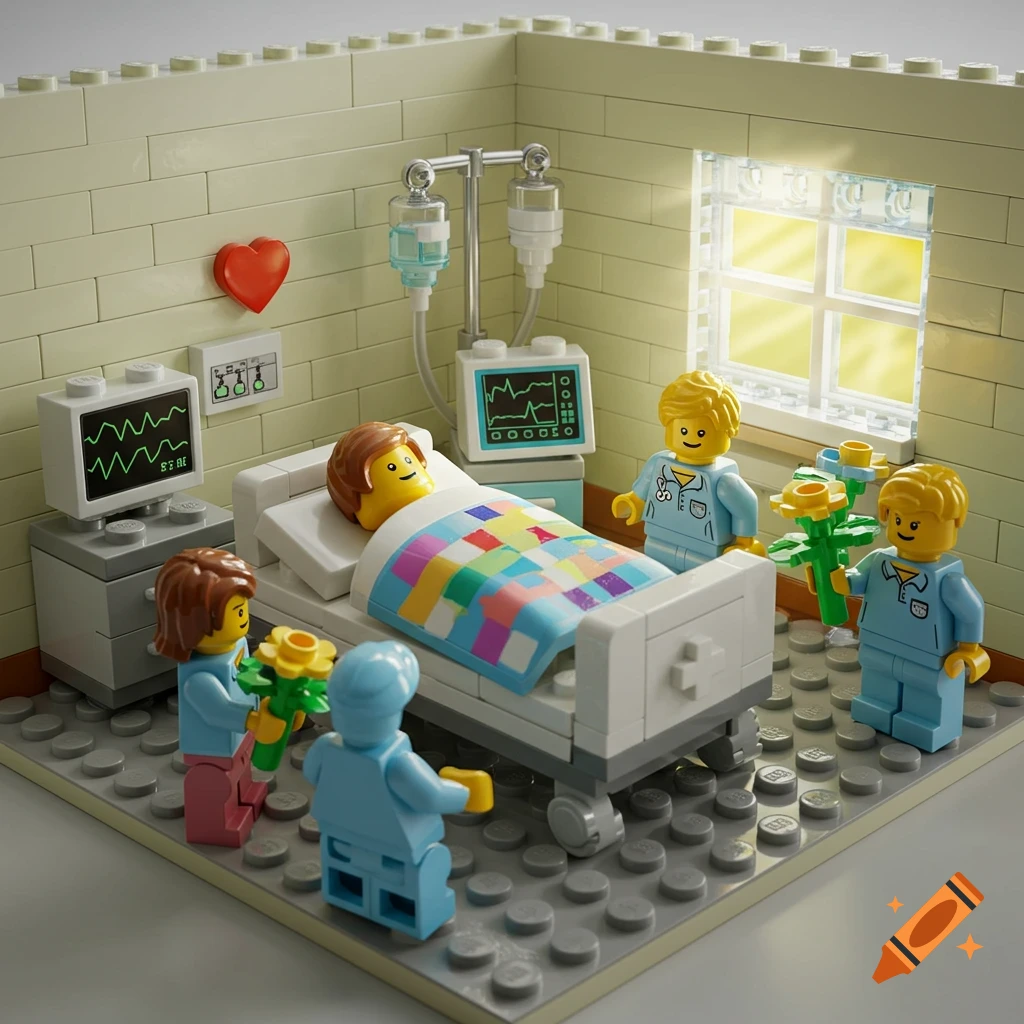 A detailed Lego set diorama of a hospital room with minifigures around a patient in bed, with medical equipment and a window.