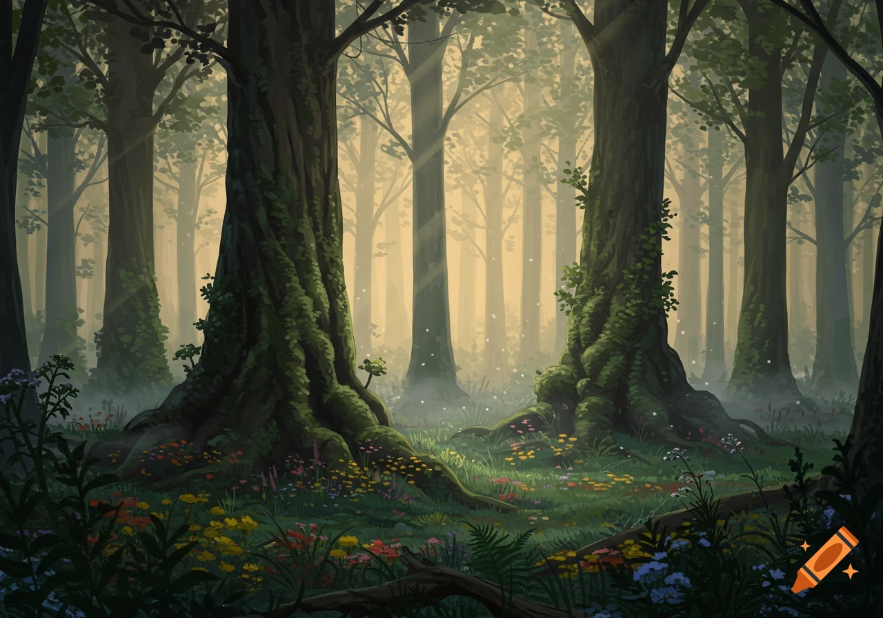 A serene, illustrative forest with tall, moss-covered trees, sun rays filtering through mist, and colorful wildflowers on the forest floor.