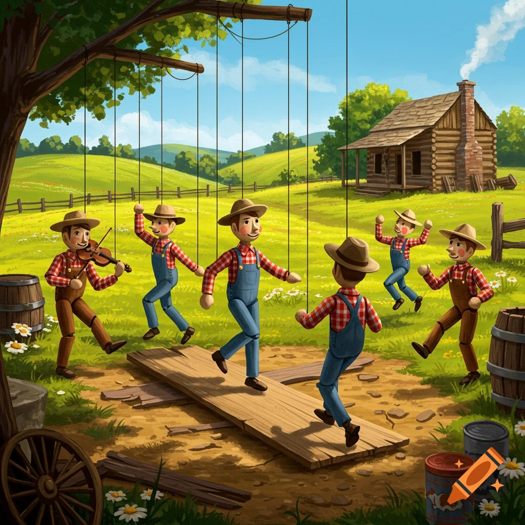 Illustrated scene of wooden limberjack puppets dancing in a vibrant green yard with a log cabin and hills in the background. One puppet plays a fiddle.