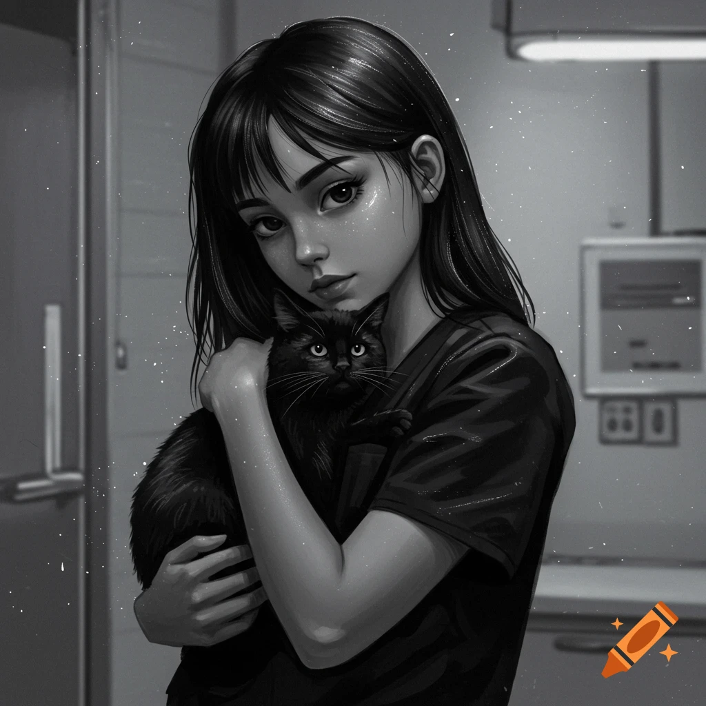 Monochromatic anime portrait of a girl with dark hair cuddling a black cat.