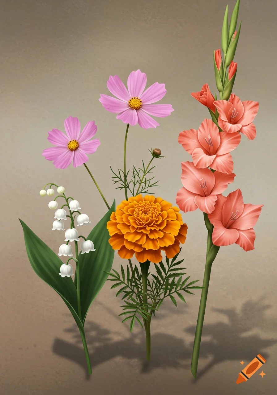 A digital painting of a bouquet featuring pink cosmos, a white lily of the valley, an orange marigold, and pink gladiolus flowers on a neutral background.