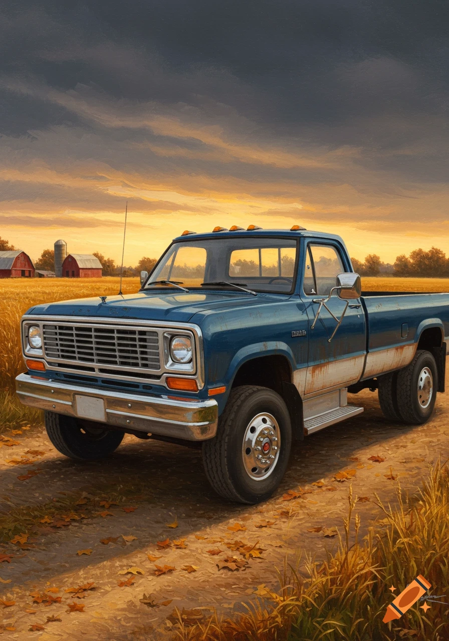 A blue vintage pickup truck with weathered white sides on a dirt road through a golden field, with red barns under a dramatic sky in a painterly style.