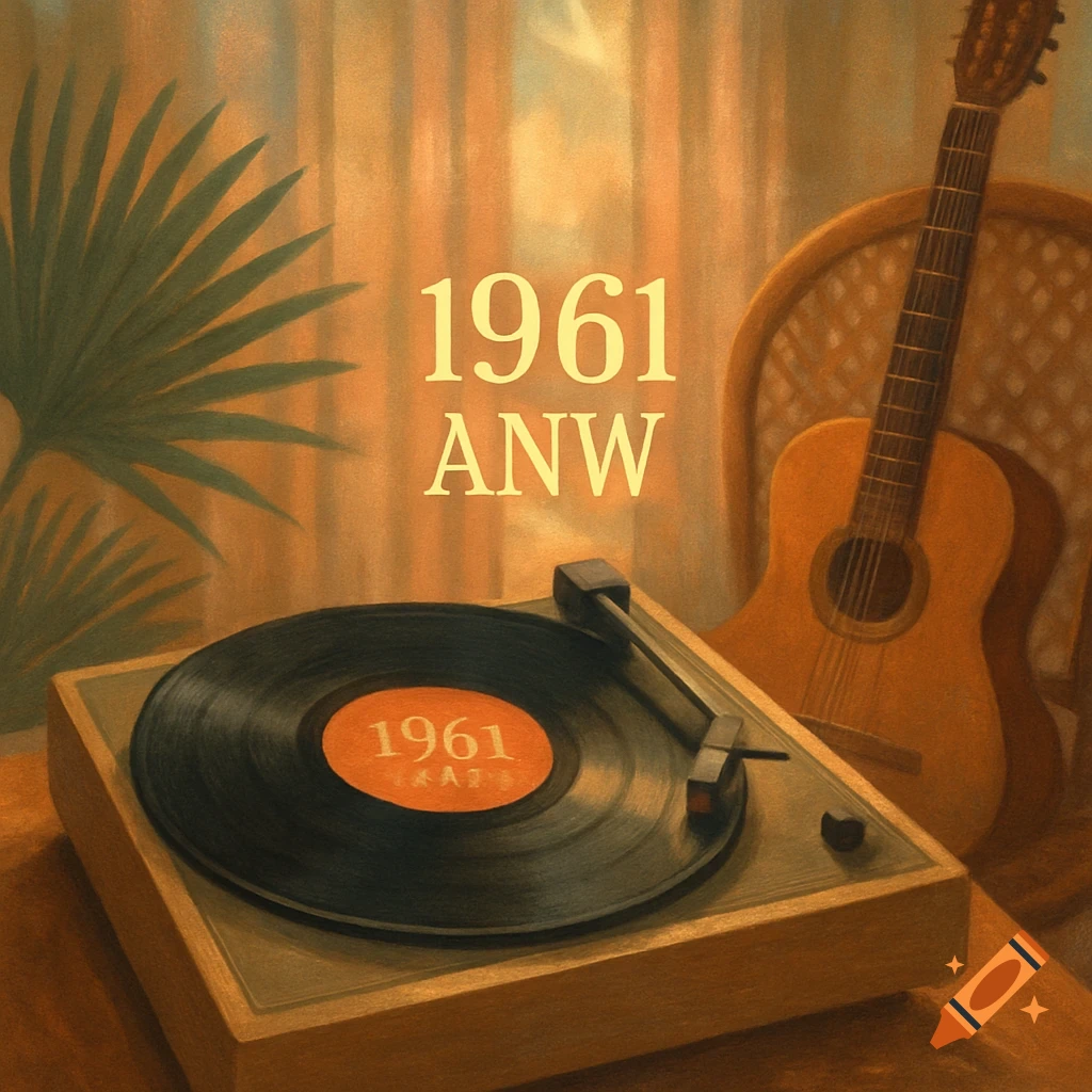 An illustration of a record player with a 1961 record, a guitar leaning on a chair, and a palm frond, bathed in warm light.