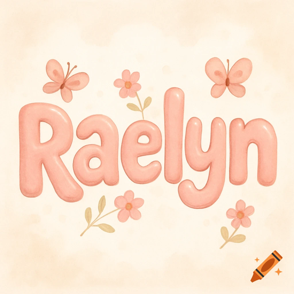 Pink bubbly letters spell 'Raelyn' with watercolor butterflies and flowers on a cream background, in a nursery art style.