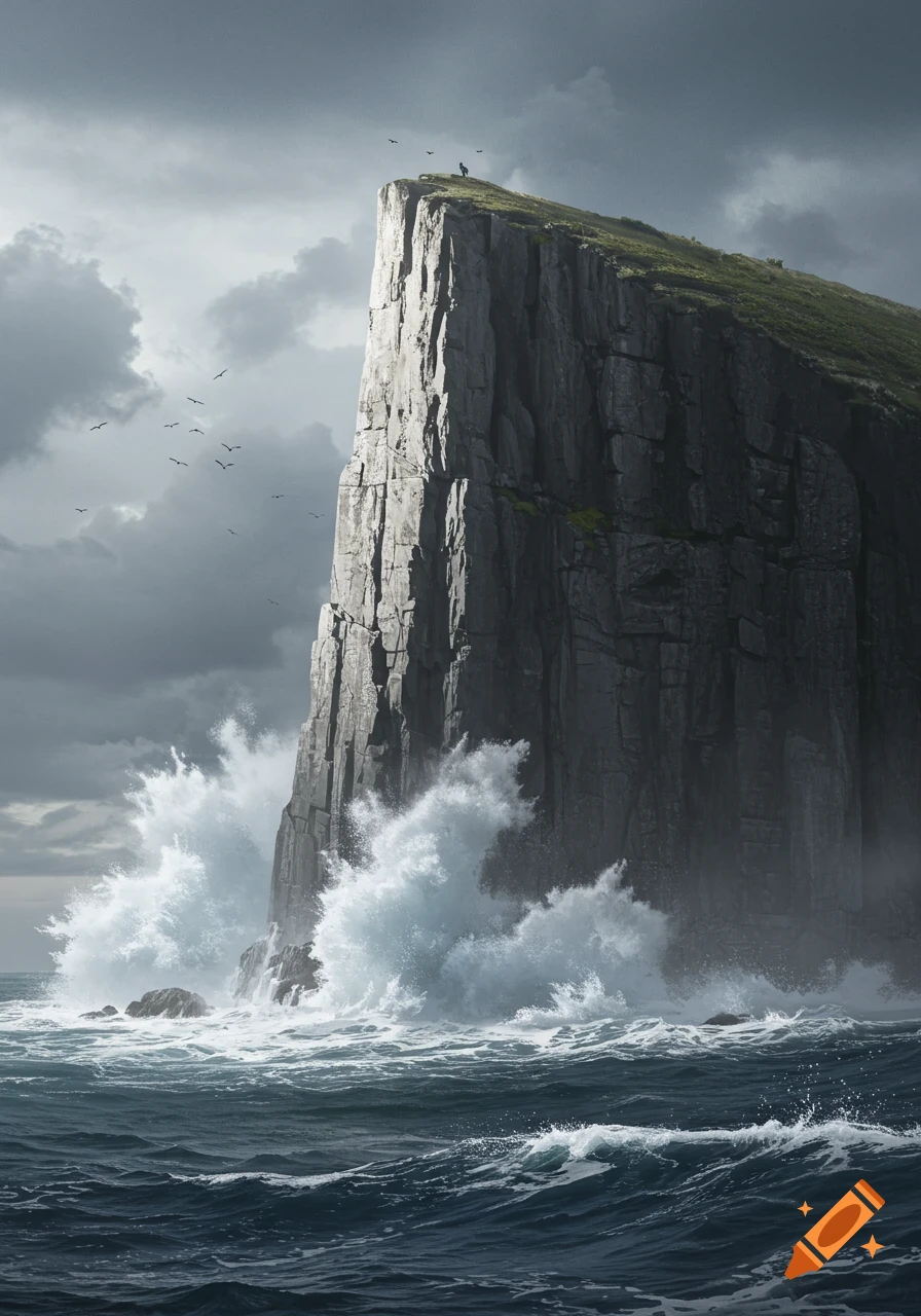 Dramatic view of huge waves crashing against a towering rocky cliff under a stormy sky, with a lone figure on top.