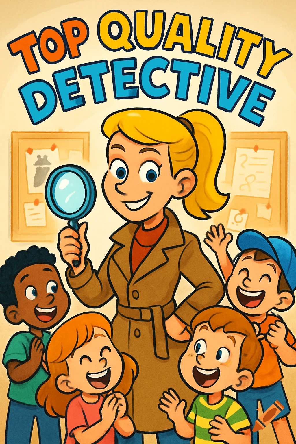 Cartoon illustration of a blonde female detective holding a magnifying glass, surrounded by four happy children, with 'Top Quality Detective' text.